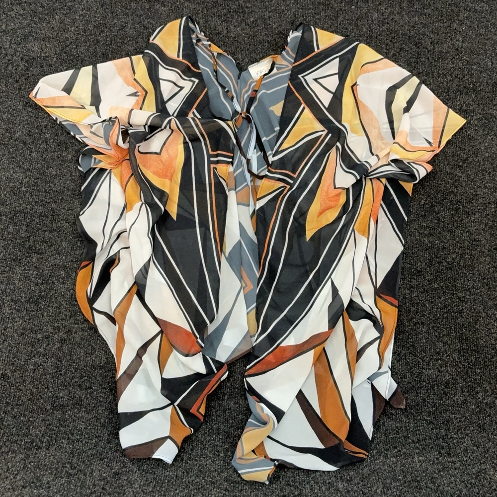 VIDA Blouse Womens Petite One Size Multicolor Geometric Sheer Kimono Tunic Top